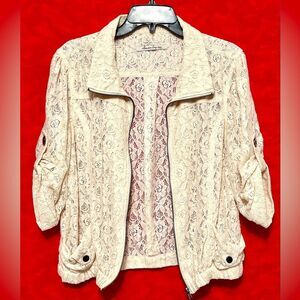 American Rags Women's Lace Zip Jacket 3 Quarter Length Sleeve - Cream Beige